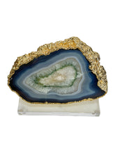 Load image into Gallery viewer, Polished Agate Geode Slice – Green, Blue &amp; Ivory with Gold plated edge
