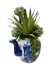 Load image into Gallery viewer, Vintage Blue &amp; White Teapot with Faux Succulents – Whimsical Botanical Accent
