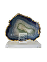 Load image into Gallery viewer, Polished Agate Geode Slice – Green, Blue &amp; Ivory with Gold plated edge
