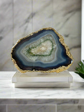Load image into Gallery viewer, Polished Agate Geode Slice – Green, Blue &amp; Ivory with Gold plated edge
