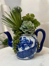 Load image into Gallery viewer, Vintage Blue &amp; White Teapot with Faux Succulents – Whimsical Botanical Accent
