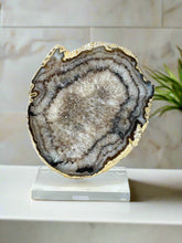 Load image into Gallery viewer, Polished Agate Geode Slice – Cream &amp; Brown with Gold Electroplated Edge
