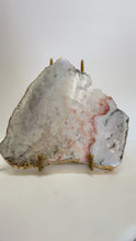 Load and play video in Gallery viewer, Pink Amethyst Slice with Natural Crystals &amp; Gold Edge

