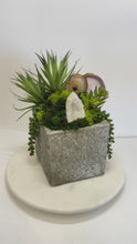 Load and play video in Gallery viewer, Faux Succulent Arrangement in Concrete Base with Geode and Agate Accents
