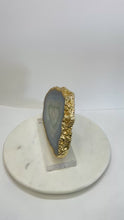 Load and play video in Gallery viewer, Polished Agate Geode Slice – Green, Blue &amp; Ivory with Gold plated edge
